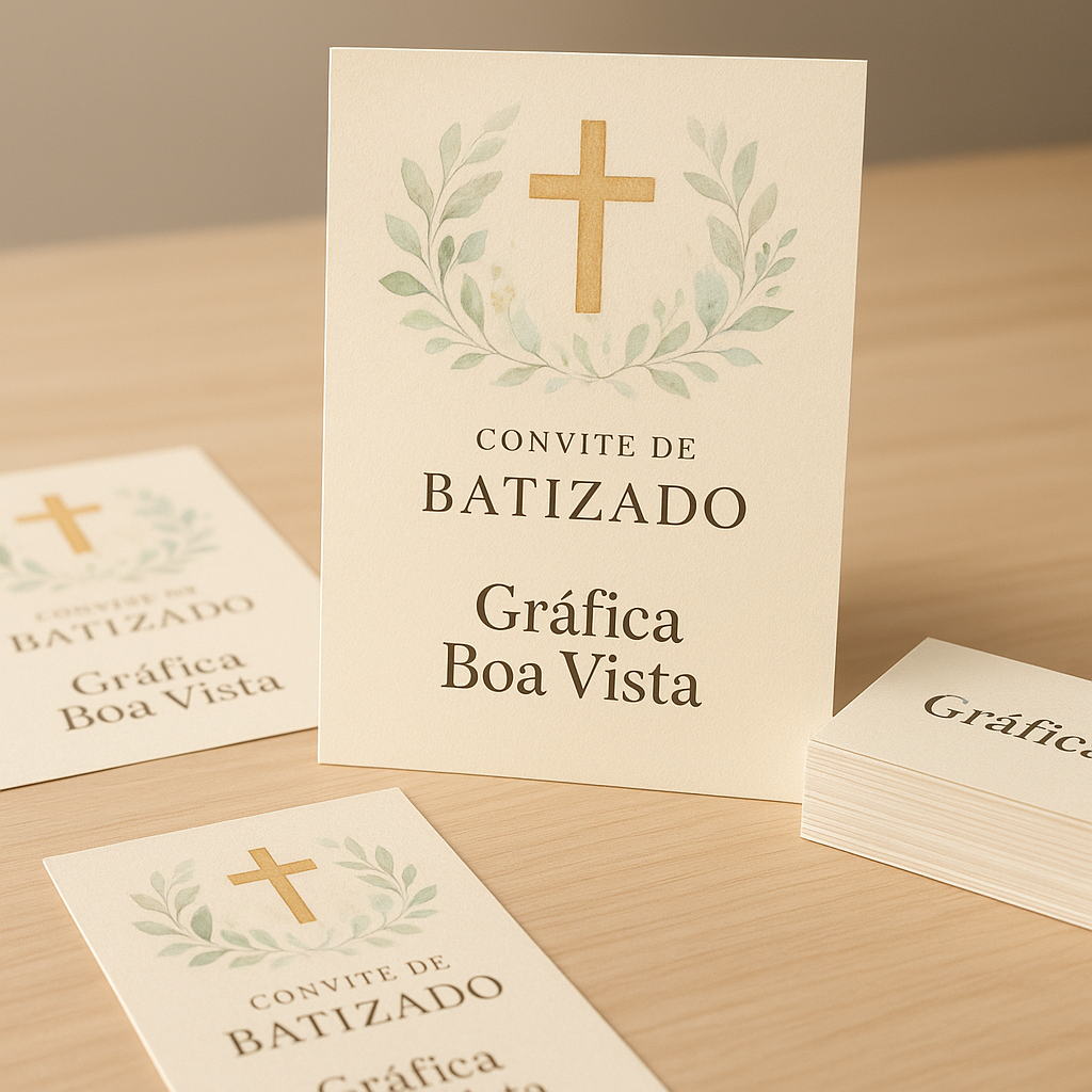 Convite de batizado elegante em papel fino sobre mesa clara, com clima delicado e familiar