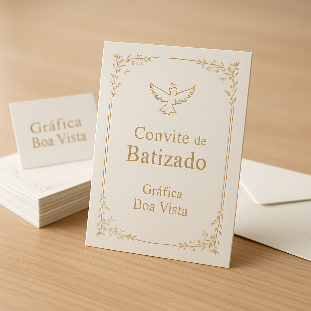 Convite de batizado elegante em papel fino sobre mesa clara, com clima delicado e familiar