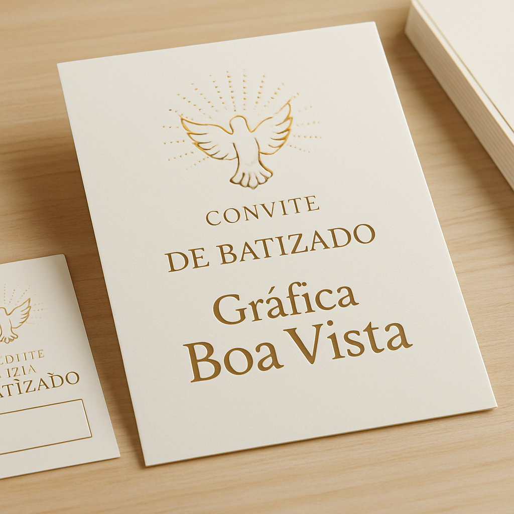 Convite de batizado elegante em papel fino sobre mesa clara, com clima delicado e familiar