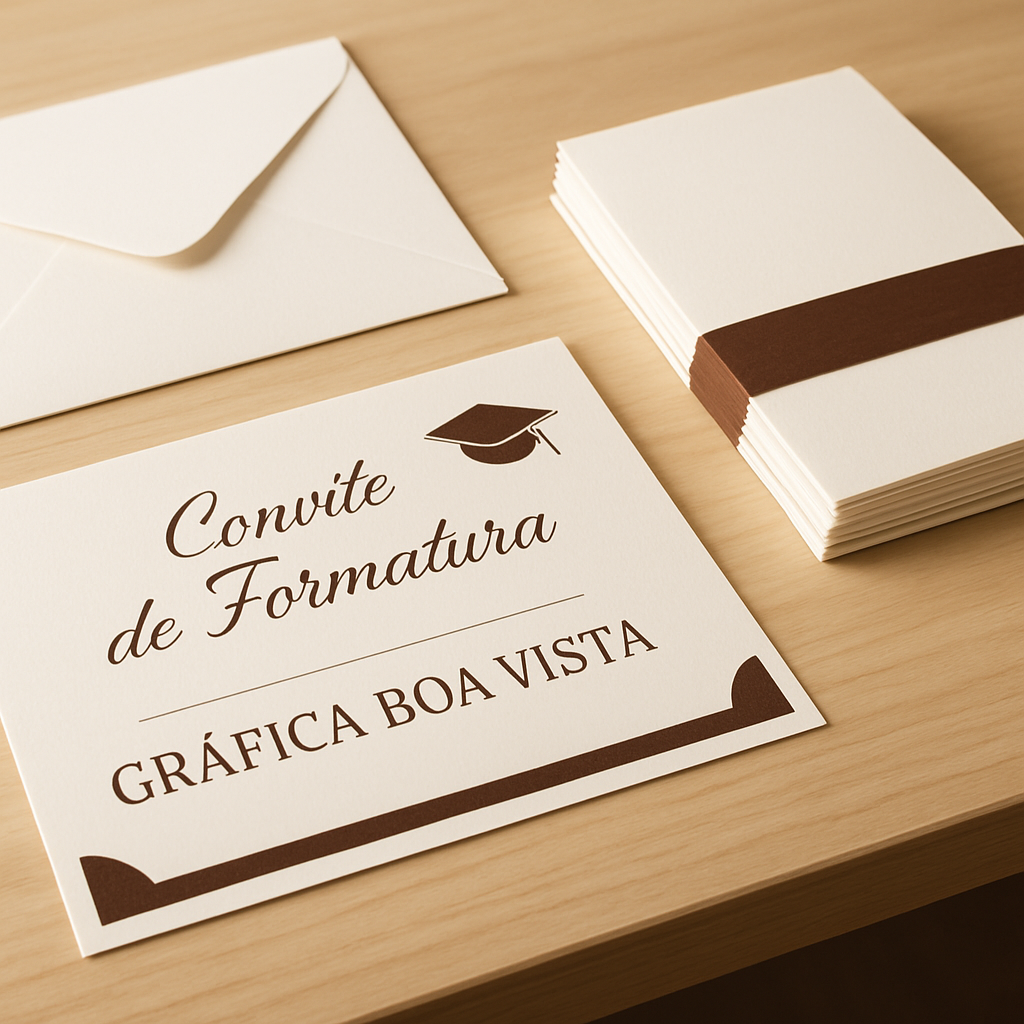 Convites de formatura impressos em uma mesa de gráfica, com acabamento elegante e visual profissional