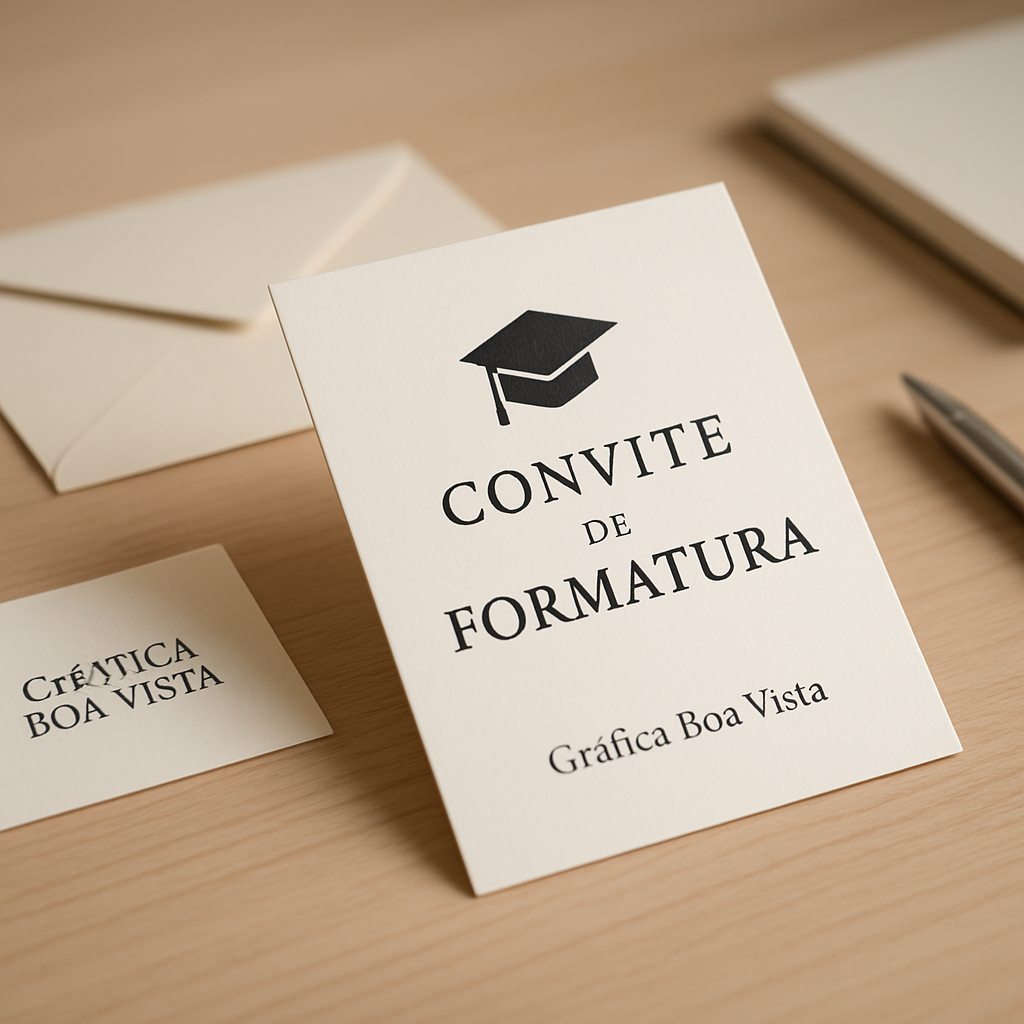Convites de formatura impressos em uma mesa de gráfica, com acabamento elegante e visual profissional