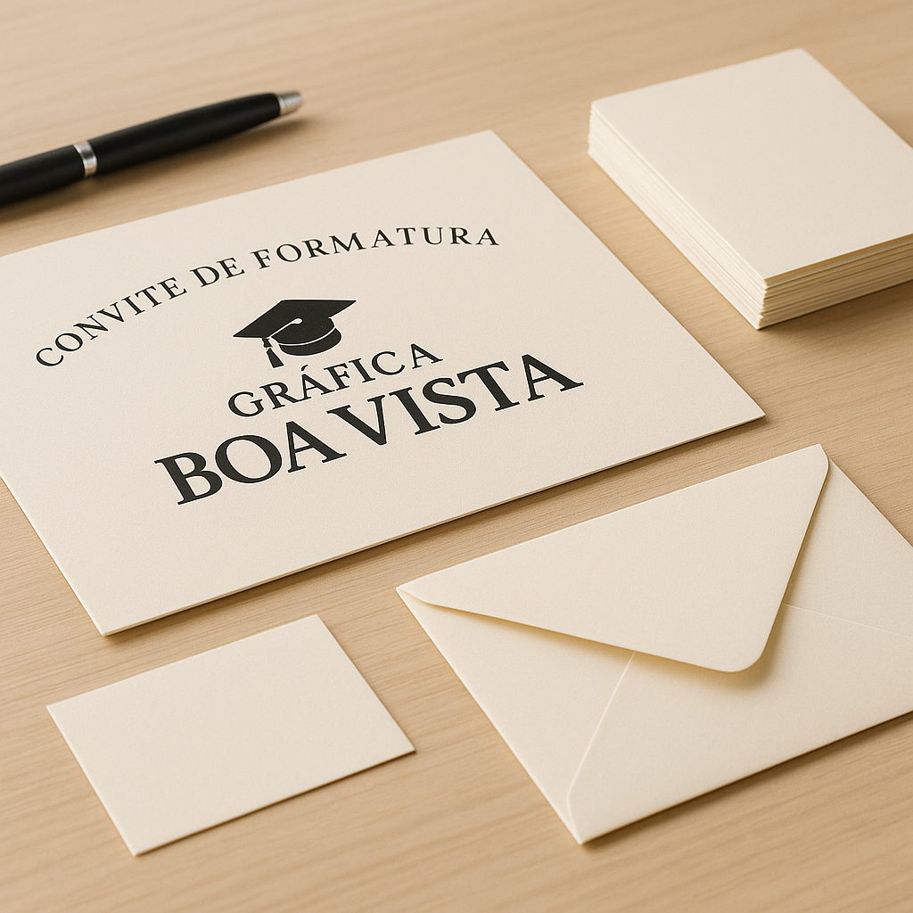 Convite de formatura personalizado em papel elegante com acabamento premium sobre mesa de gráfica