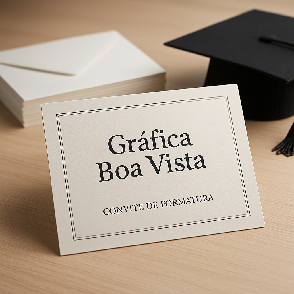 Convite de formatura personalizado em papel elegante com acabamento premium sobre mesa de gráfica