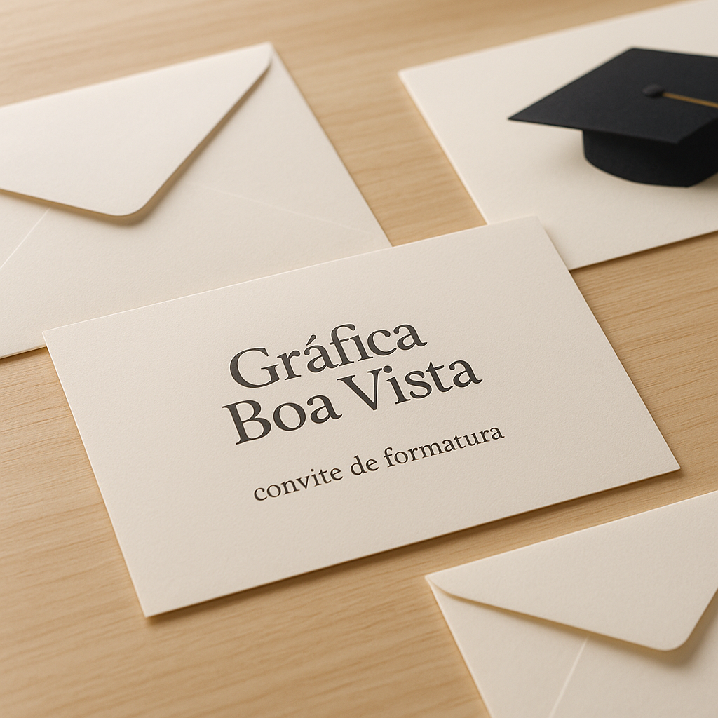 Convite de formatura elegante sobre uma mesa, com estilo profissional e visual comemorativo
