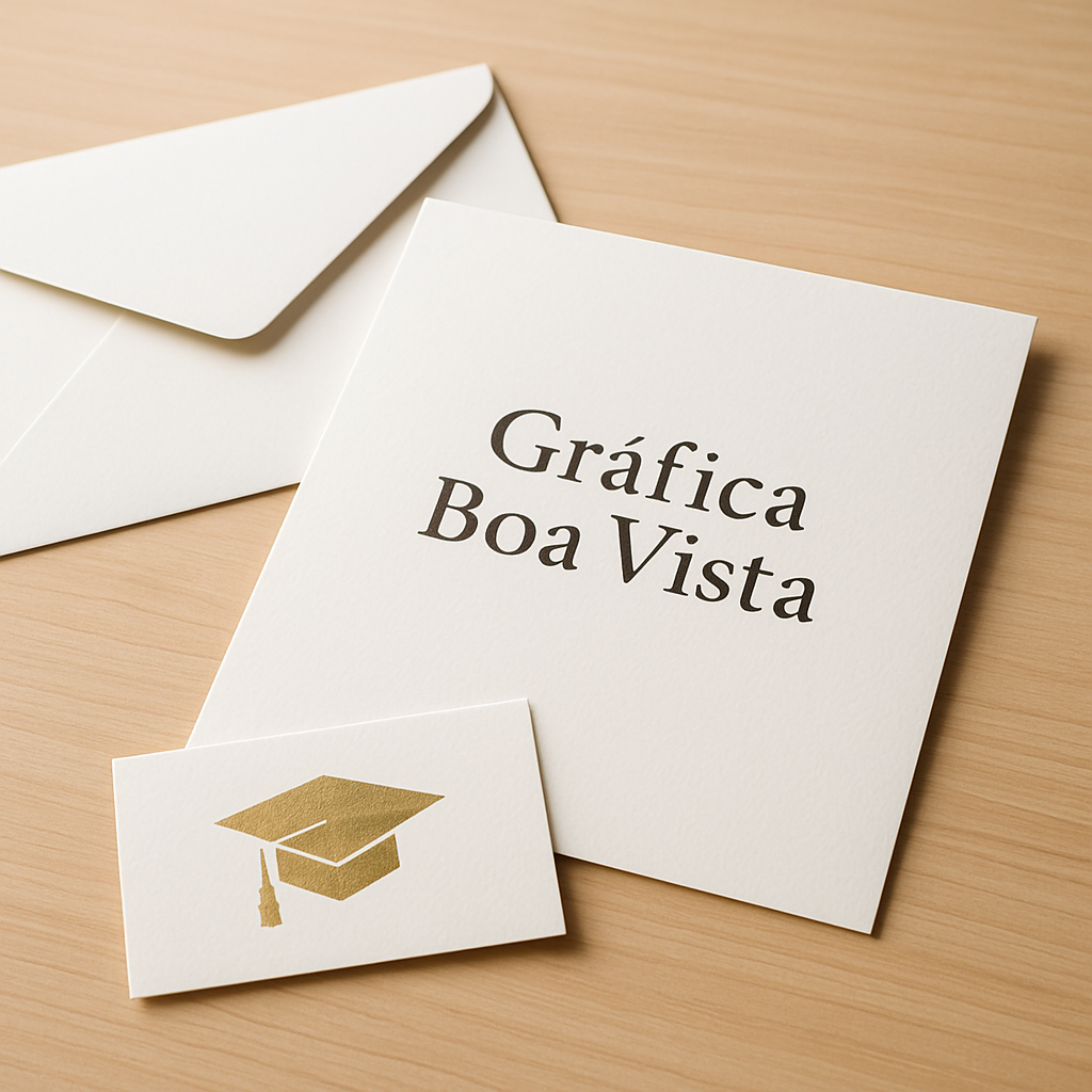 Convite de formatura elegante sobre uma mesa, com estilo profissional e visual comemorativo
