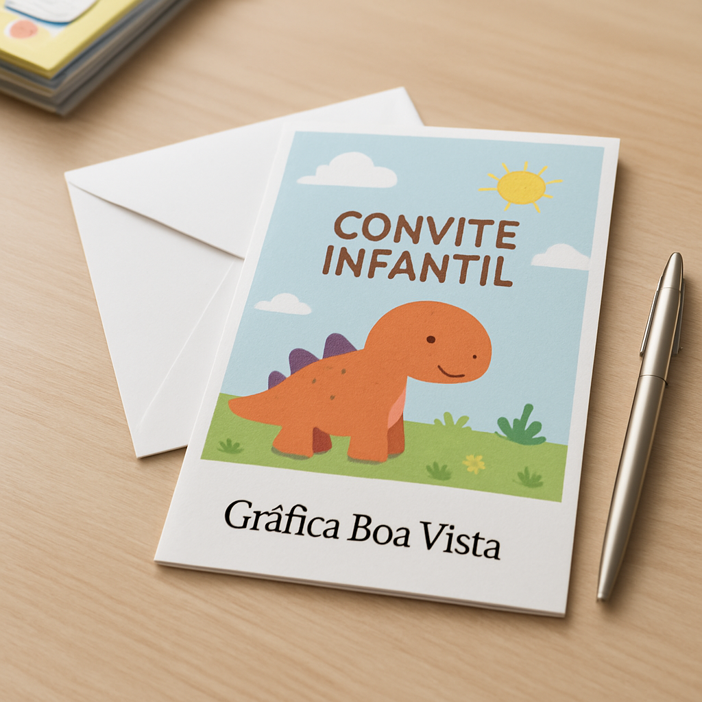 Convite Infantil colorido sobre o balcão de uma clínica, com ambiente profissional e acolhedor