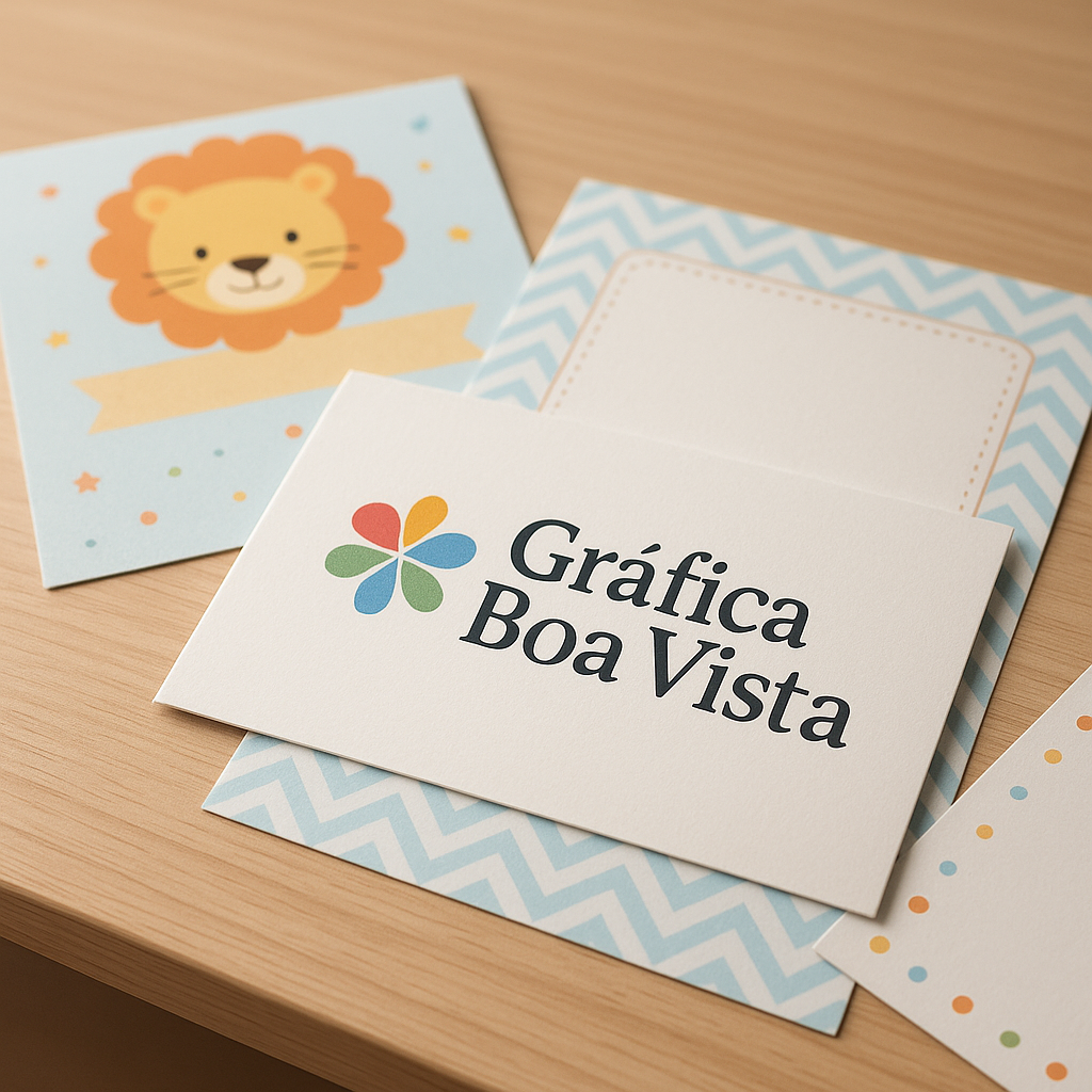 Convites infantis impressos para clínicas e consultórios, organizados sobre uma mesa em gráfica profissional