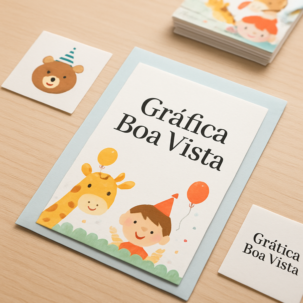 Convites infantis impressos para clínicas e consultórios, organizados sobre uma mesa em gráfica profissional