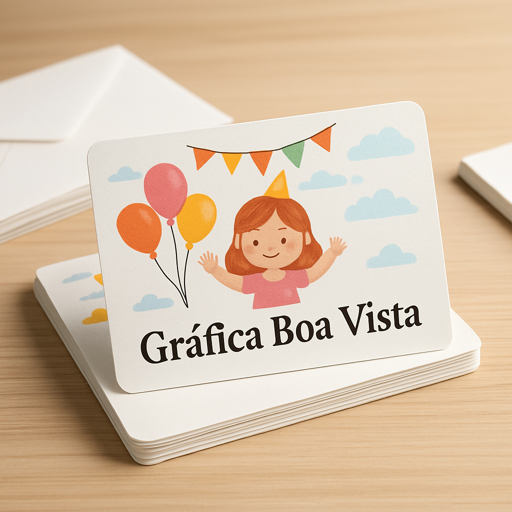 Convites infantis impressos para clínicas e consultórios, organizados sobre uma mesa em gráfica profissional