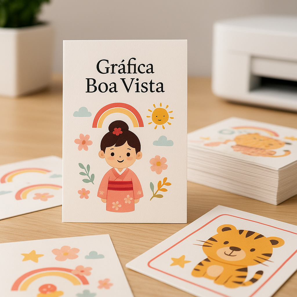 Convites infantis personalizados coloridos sobre uma mesa em gráfica, mostrando materiais e acabamentos