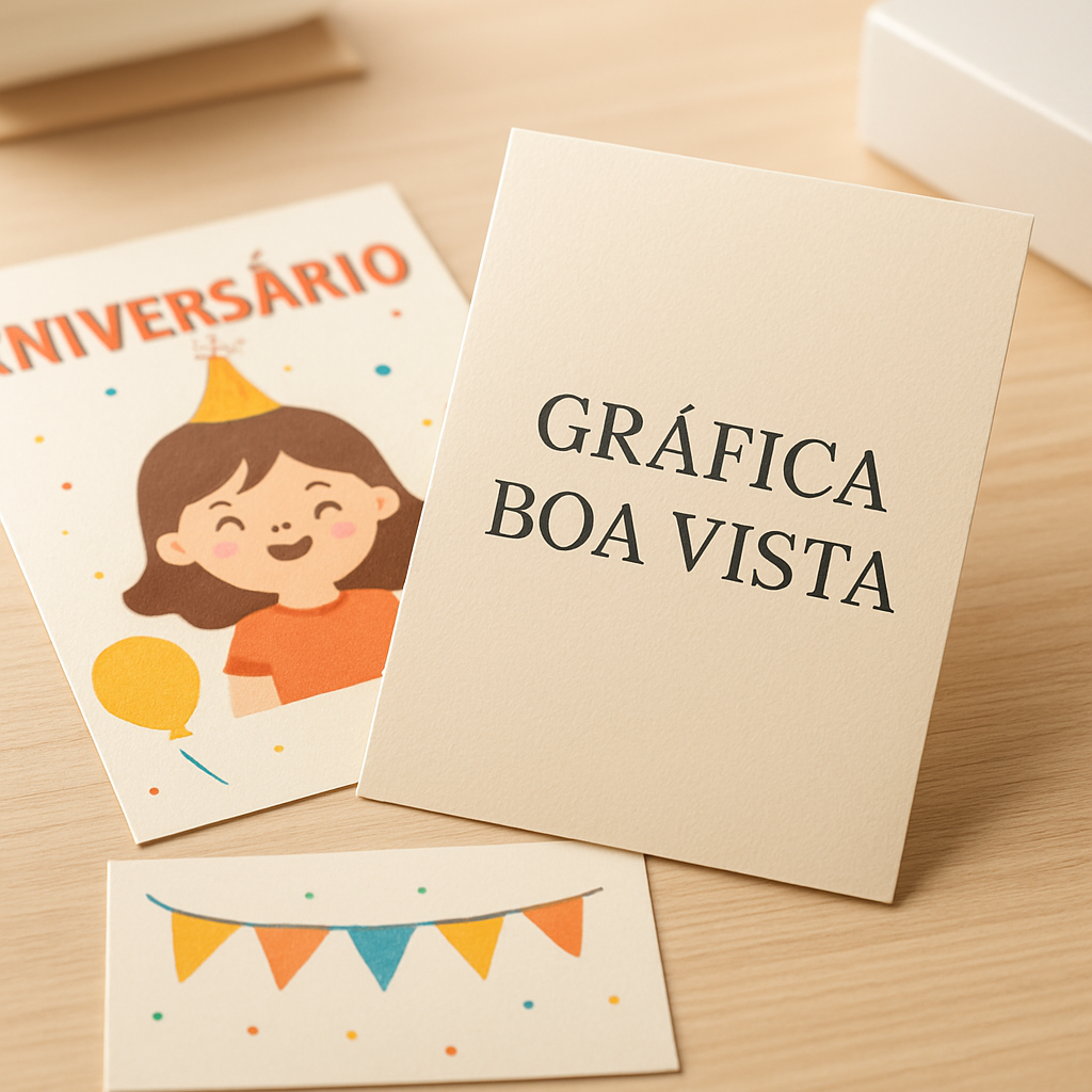 Convites infantis personalizados coloridos sobre uma mesa em gráfica, mostrando materiais e acabamentos