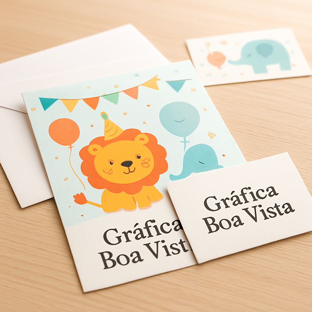 Convites infantis personalizados coloridos sobre uma mesa em gráfica, mostrando materiais e acabamentos