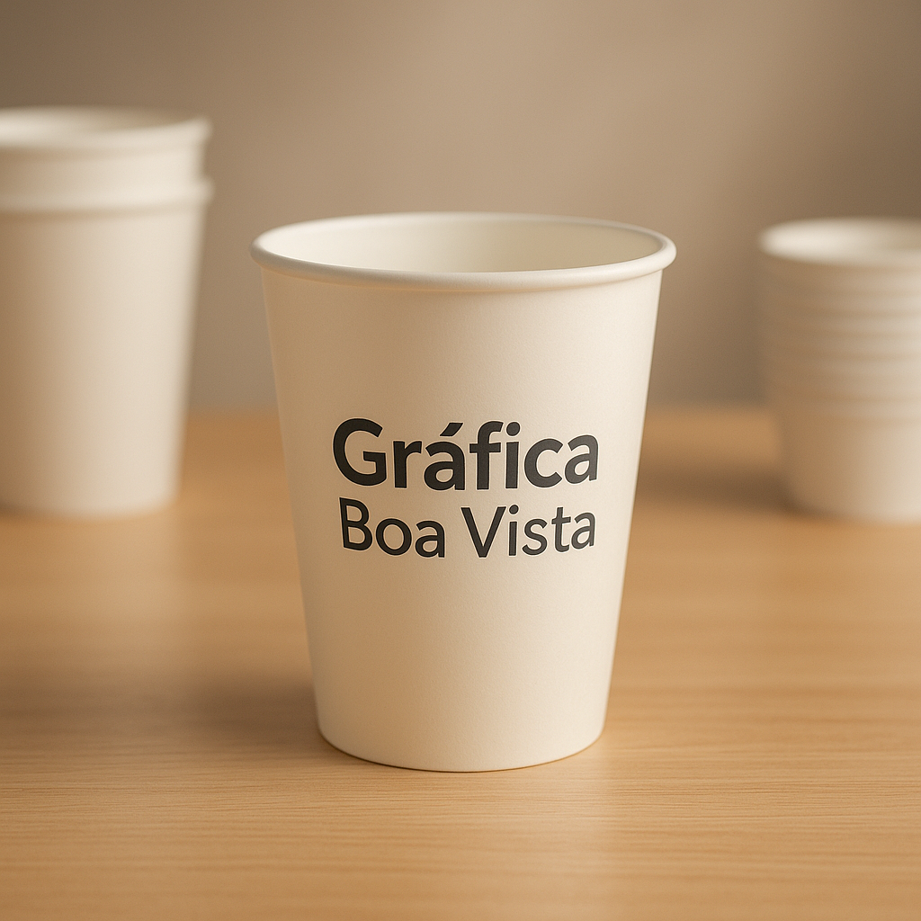 Copo de papel personalizado em recepção de clínica, com visual profissional e elegante