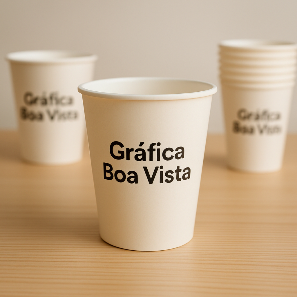 Copo de papel personalizado em recepção de clínica, com visual profissional e elegante