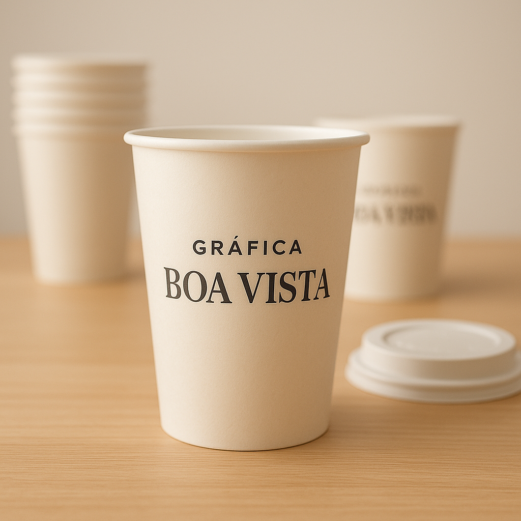 Copo de papel personalizado em ambiente de gráfica profissional em Curitiba