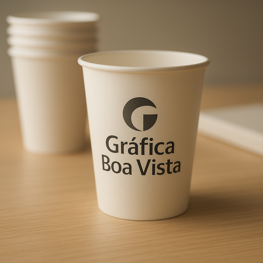 Copo de papel personalizado em recepção de clínica, com visual profissional e moderno