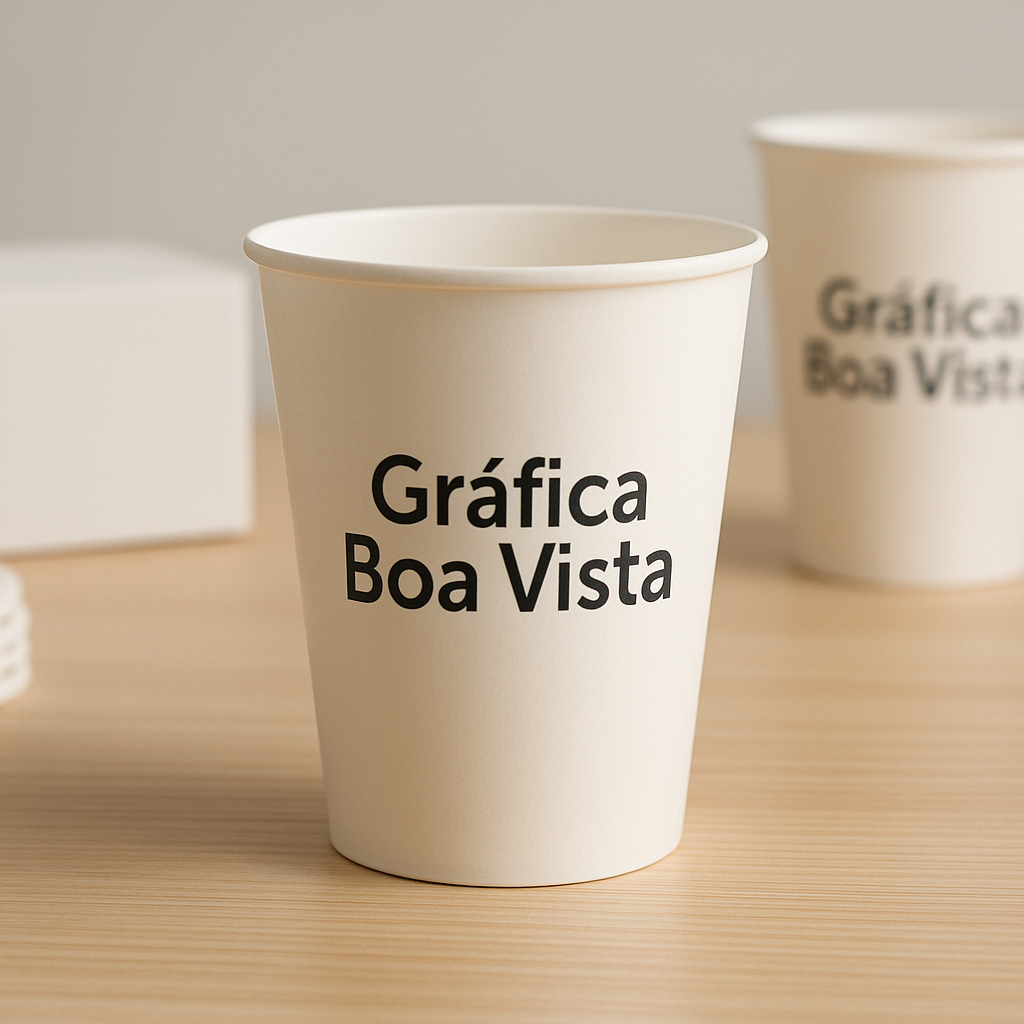 Copo de papel personalizado em recepção de clínica, com visual profissional e moderno