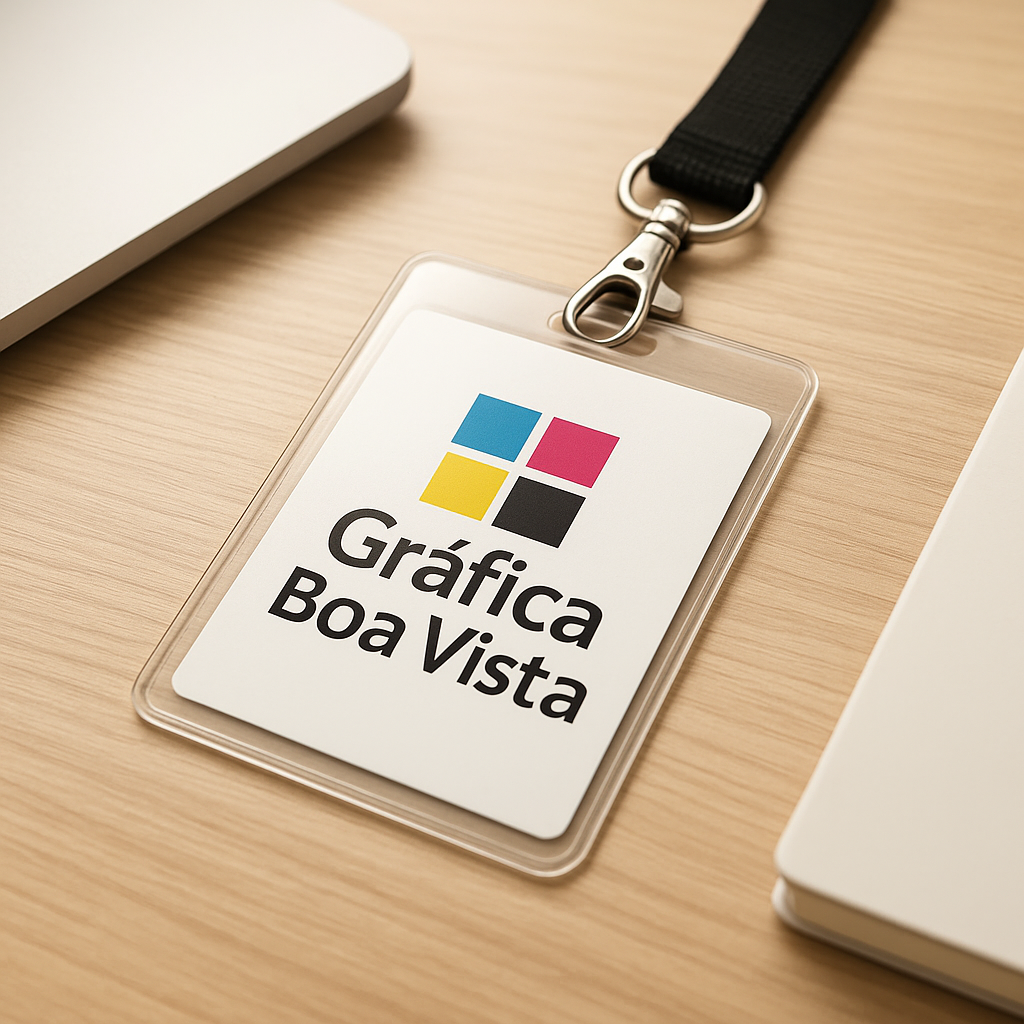 Credenciais para evento organizadas sobre uma mesa em um ambiente de clínica e consultório