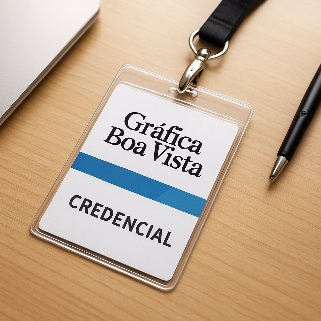 Credenciais para evento organizadas sobre uma mesa em um ambiente de clínica e consultório