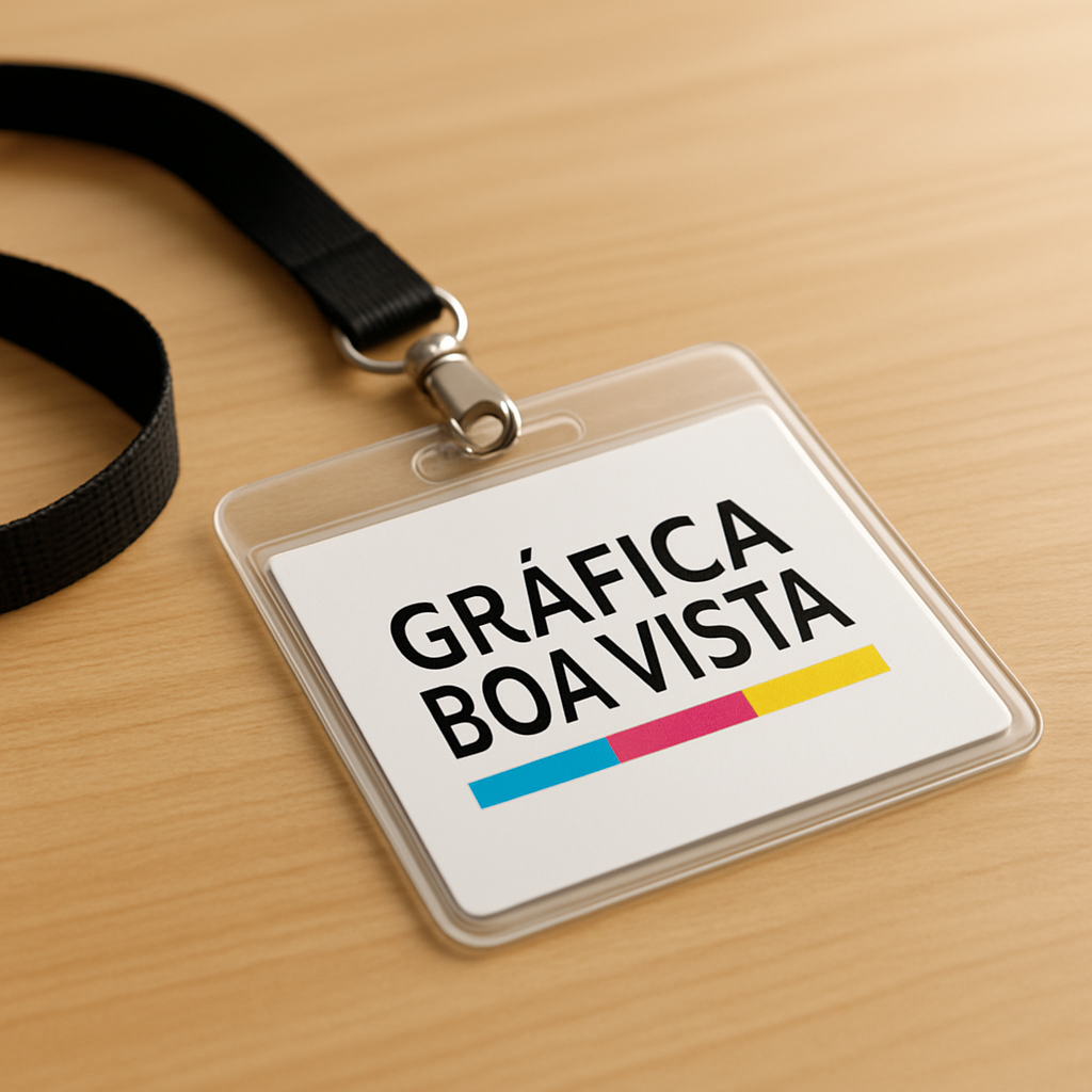 Credenciais para evento organizadas sobre uma mesa em um ambiente de clínica e consultório