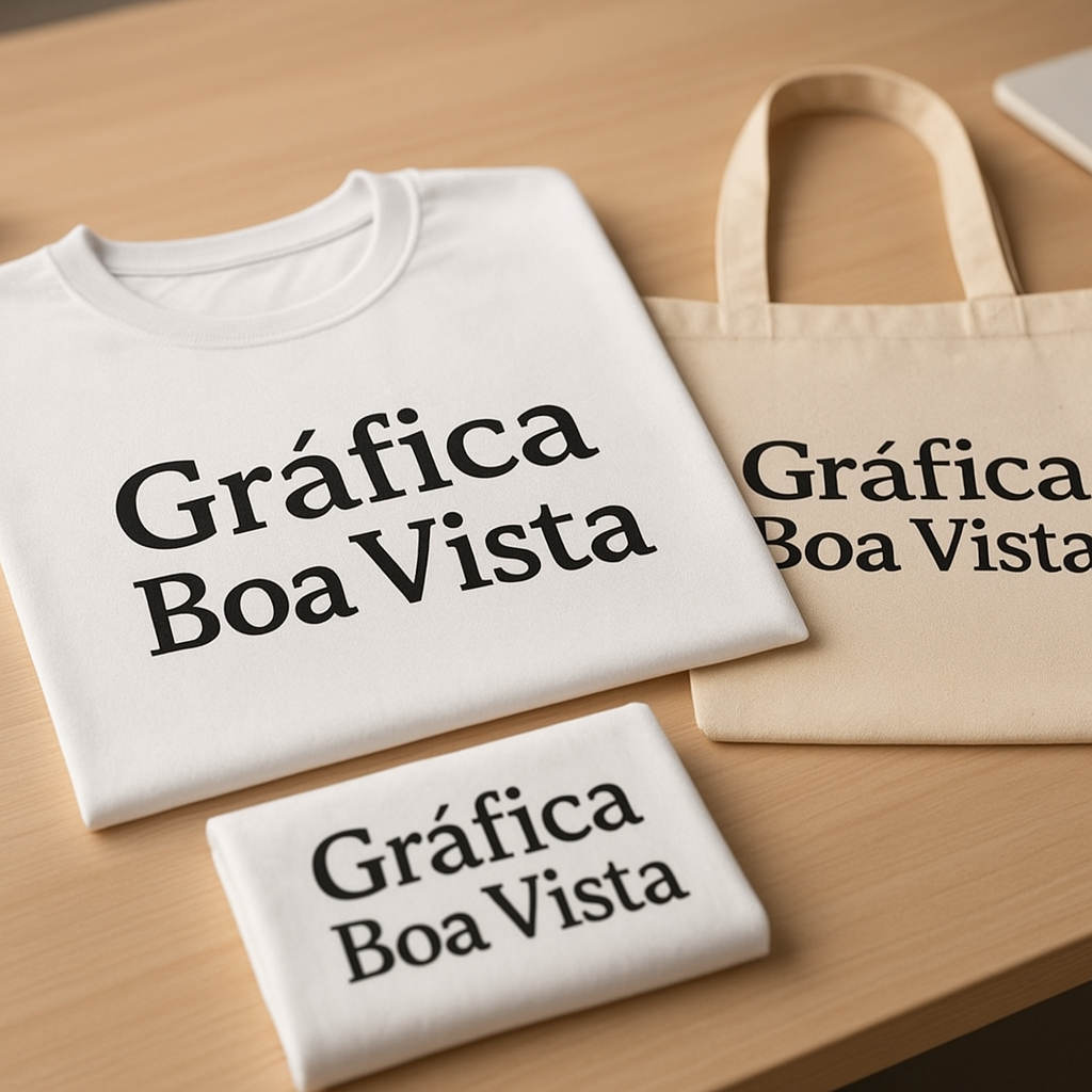 DTF Têxtil em bancada de gráfica, com materiais, estampas e amostras de tecido para avaliação