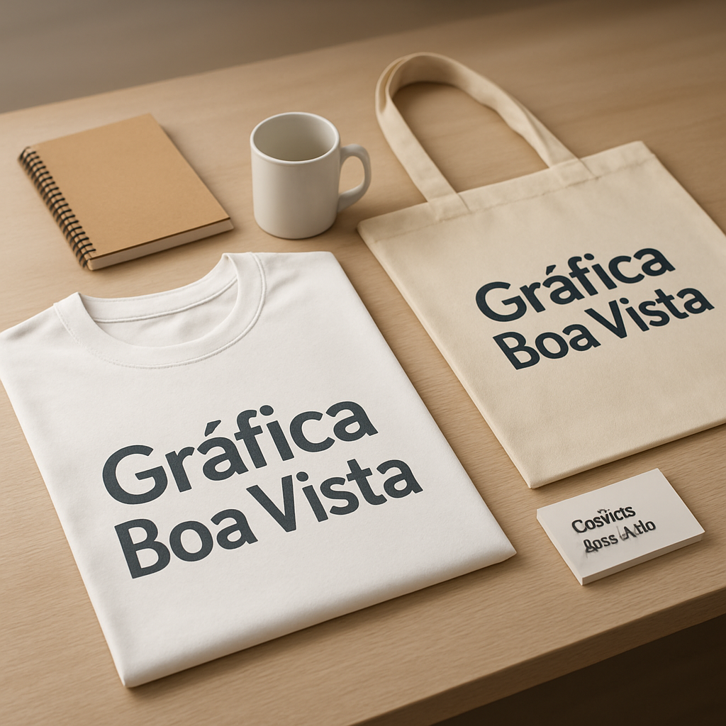 DTF Têxtil em bancada de gráfica, com materiais, estampas e amostras de tecido para avaliação