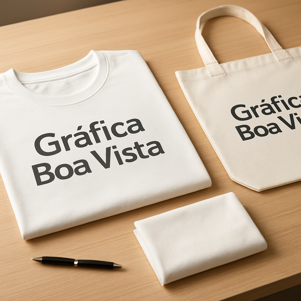 DTF Têxtil em bancada de gráfica, com materiais, estampas e amostras de tecido para avaliação
