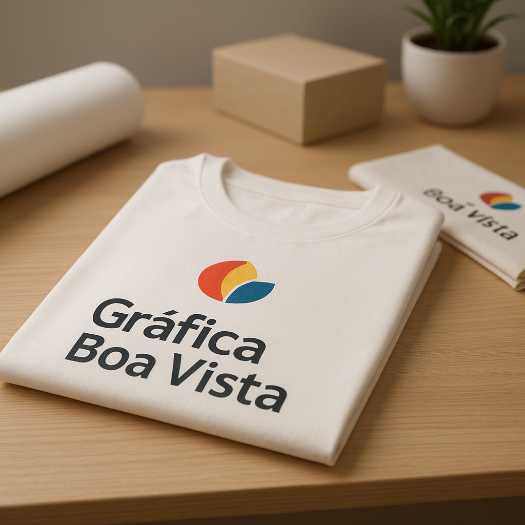 DTF Têxtil personalizado em ambiente de gráfica profissional com materiais de estamparia