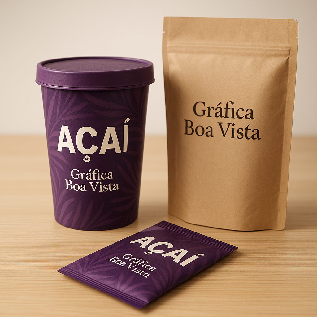 Embalagens personalizadas para açaí em uma gráfica de Curitiba, com amostras e rótulos prontos para orçamento