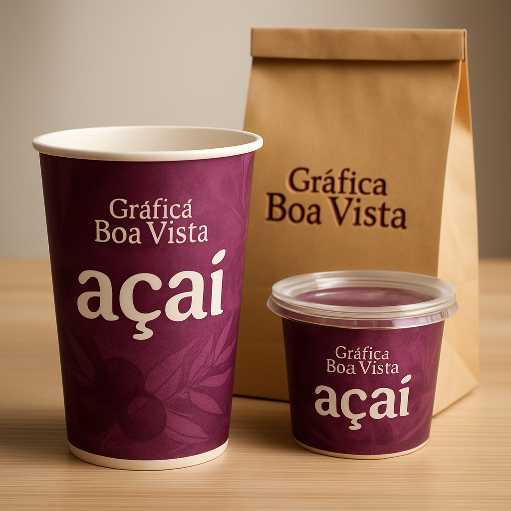 Embalagens personalizadas para açaí em uma gráfica de Curitiba, com amostras e rótulos prontos para orçamento