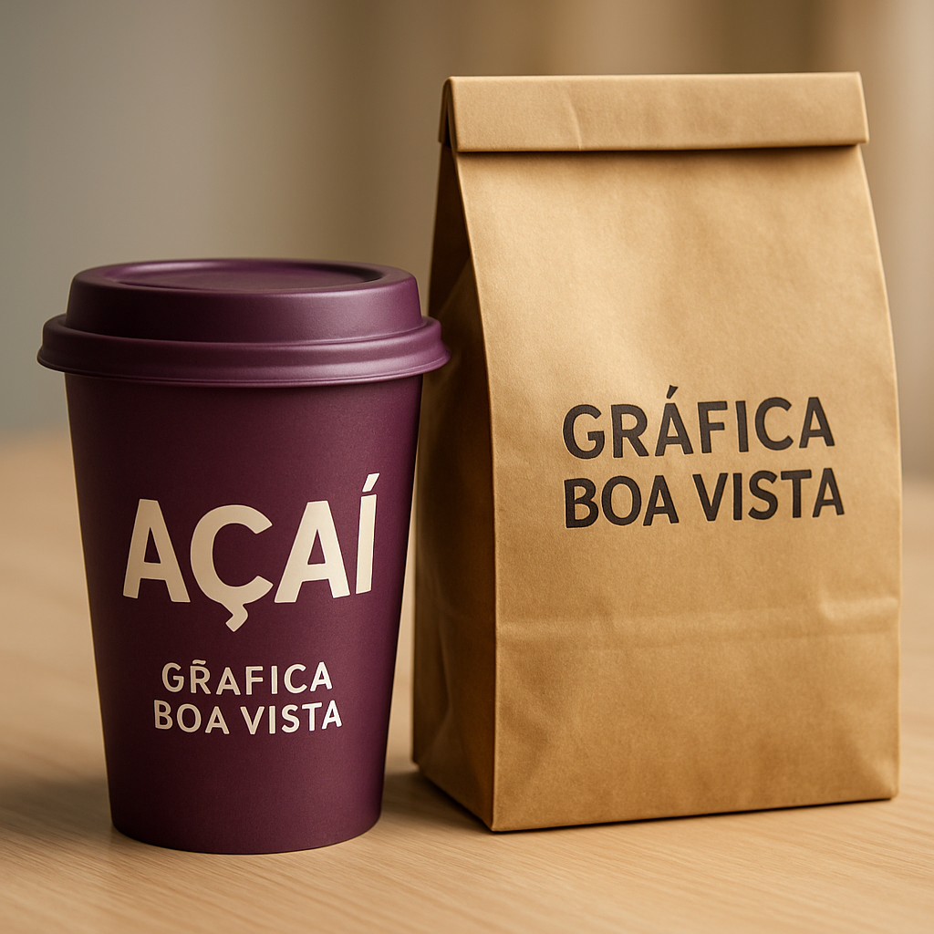 Embalagens personalizadas para açaí em uma gráfica de Curitiba, com amostras e rótulos prontos para orçamento