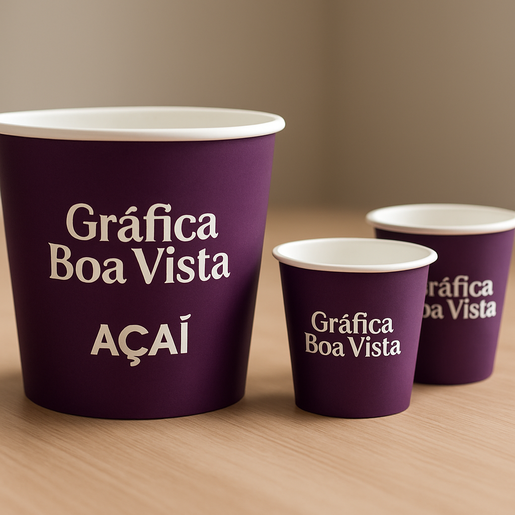 Embalagem para Açaí personalizada sobre mesa em ambiente profissional, com referência a clínicas e consultórios