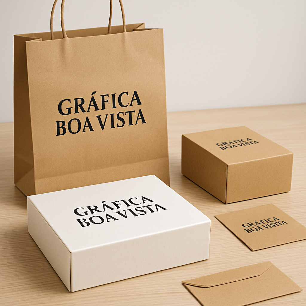 Embalagem personalizada para clínicas e consultórios em uma recepção moderna, com caixas e sacolas com identidade visual