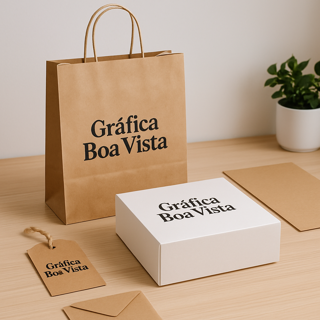 Embalagem personalizada para clínicas e consultórios em uma recepção moderna, com caixas e sacolas com identidade visual