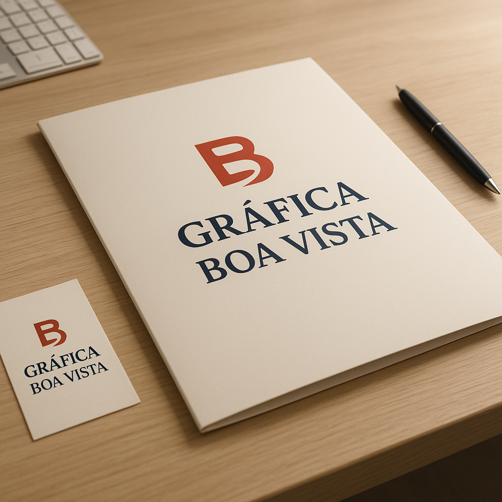 Folder institucional aberto sobre mesa com amostras de papel em uma gráfica