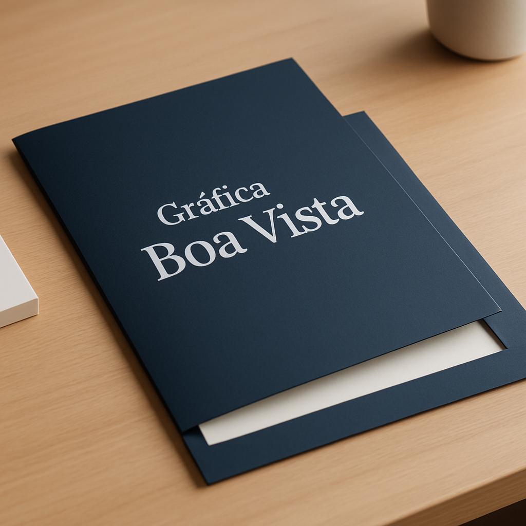 Folder institucional aberto sobre mesa com amostras de papel em uma gráfica