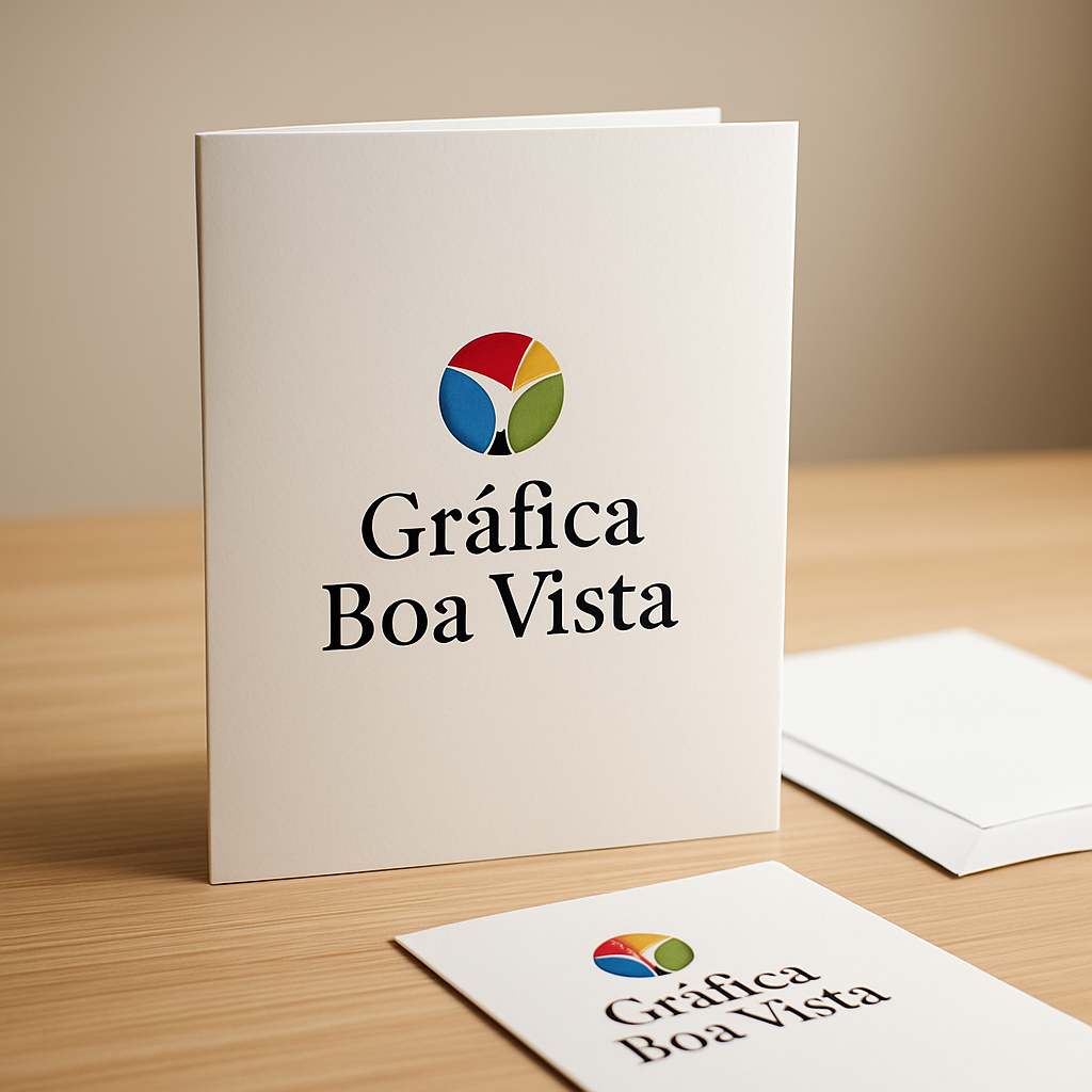 Folder institucional aberto sobre mesa com amostras de papel em uma gráfica
