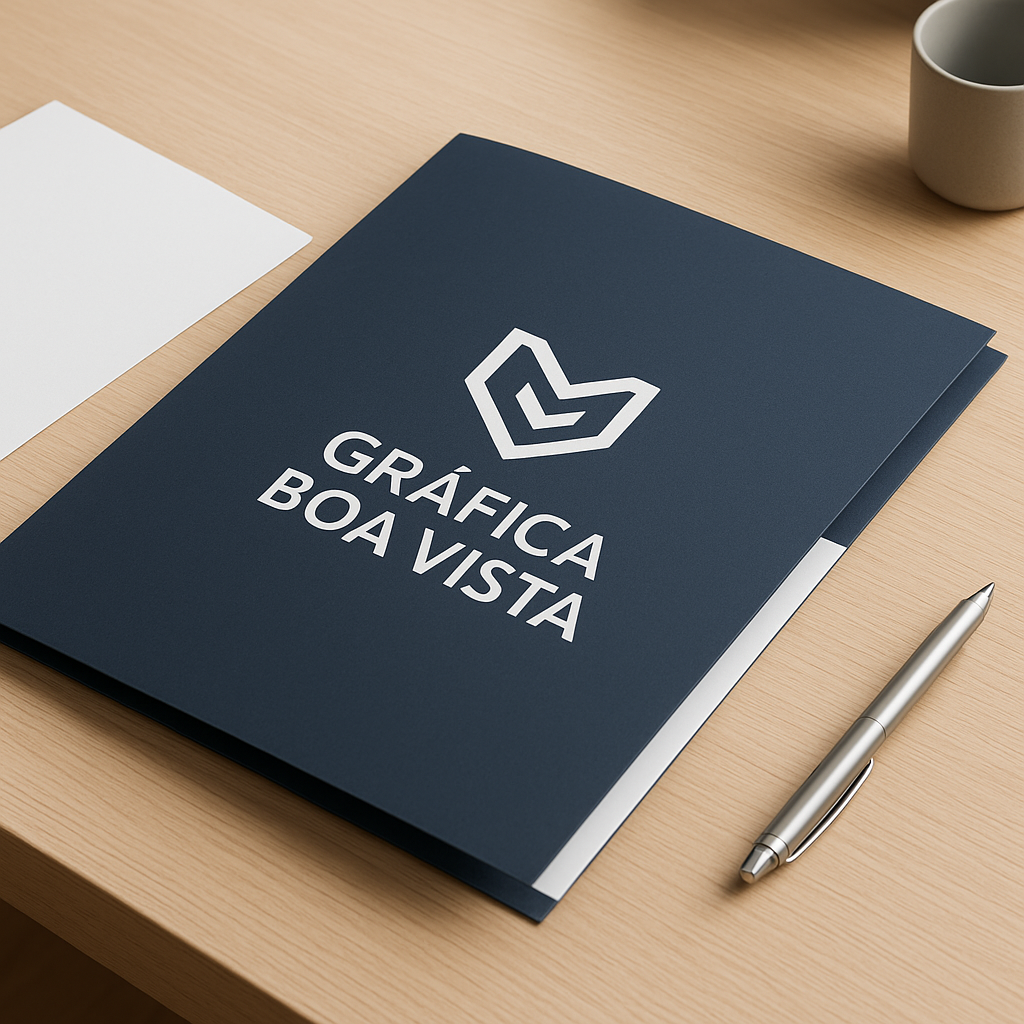 Folder institucional para clínicas e consultórios com apresentação profissional em mesa de trabalho
