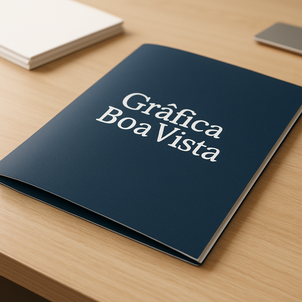 Folder institucional para clínicas e consultórios com apresentação profissional em mesa de trabalho