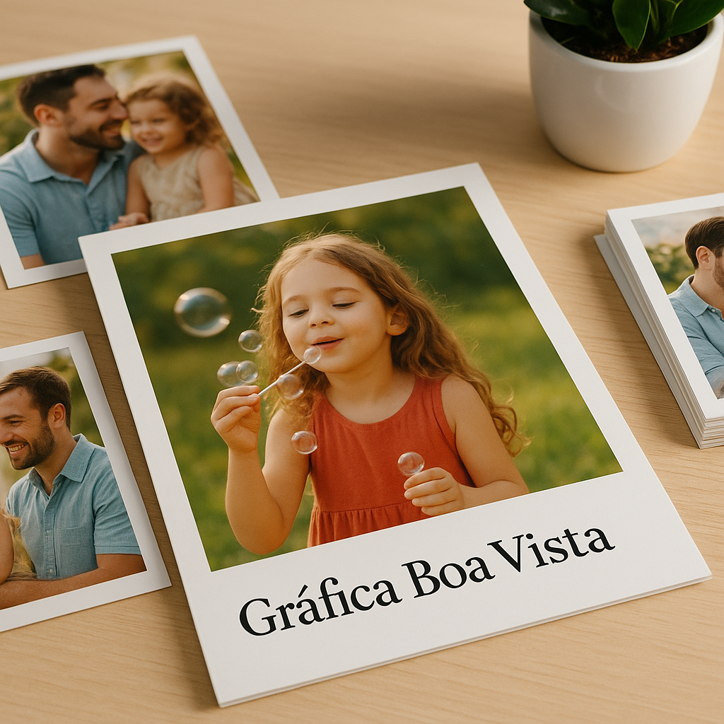 Foto estilo Polaroid personalizada sobre mesa, em ambiente de gráfica, com aparência profissional