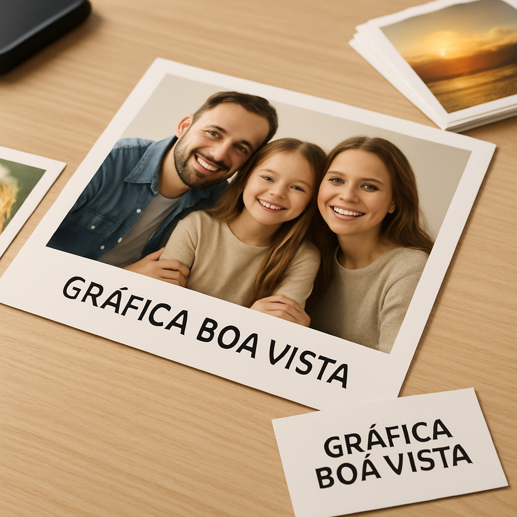 Foto estilo Polaroid personalizada sobre mesa, em ambiente de gráfica, com aparência profissional