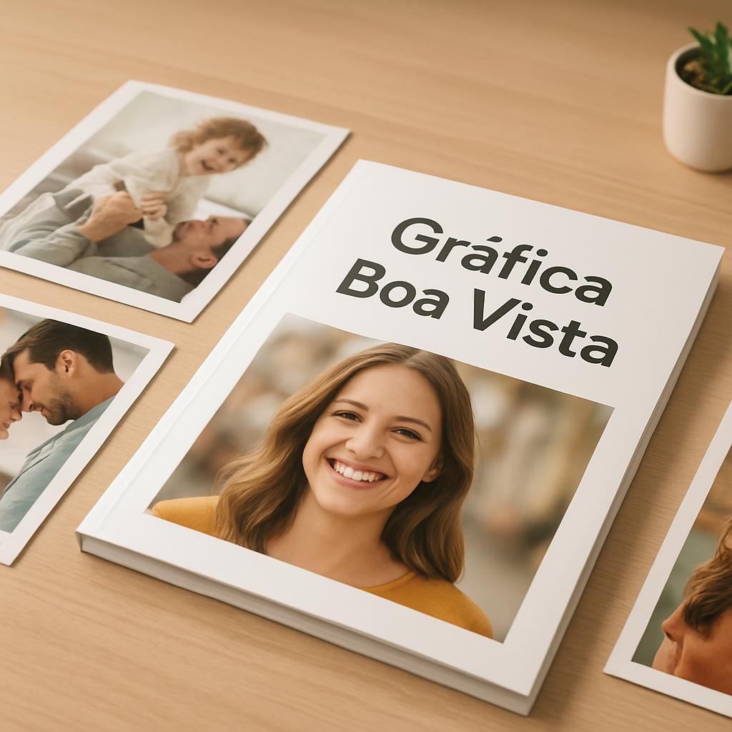 Foto estilo Polaroid personalizada sobre mesa, em ambiente de gráfica, com aparência profissional