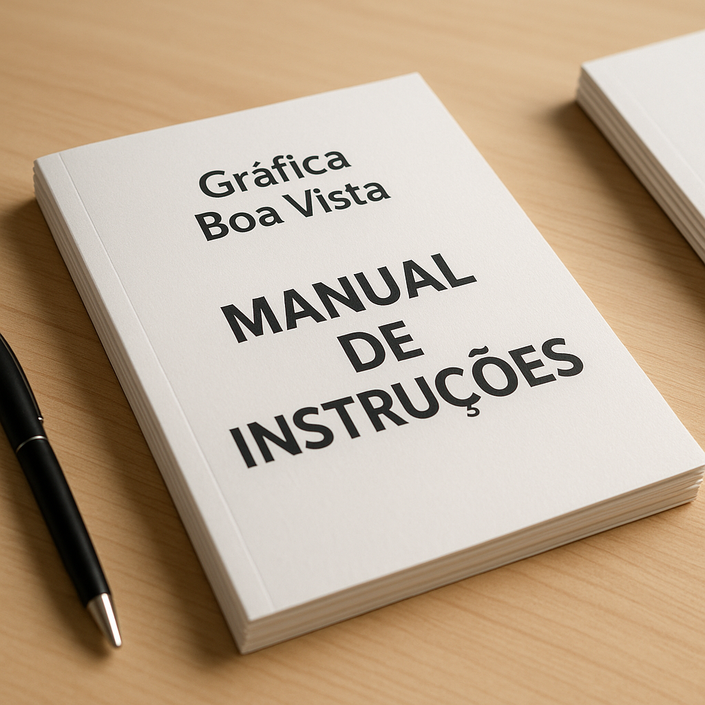 Manual de instruções impresso sobre uma mesa em gráfica profissional em Curitiba