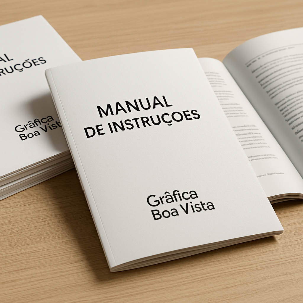 Manual de instruções impresso sobre uma mesa em gráfica profissional em Curitiba