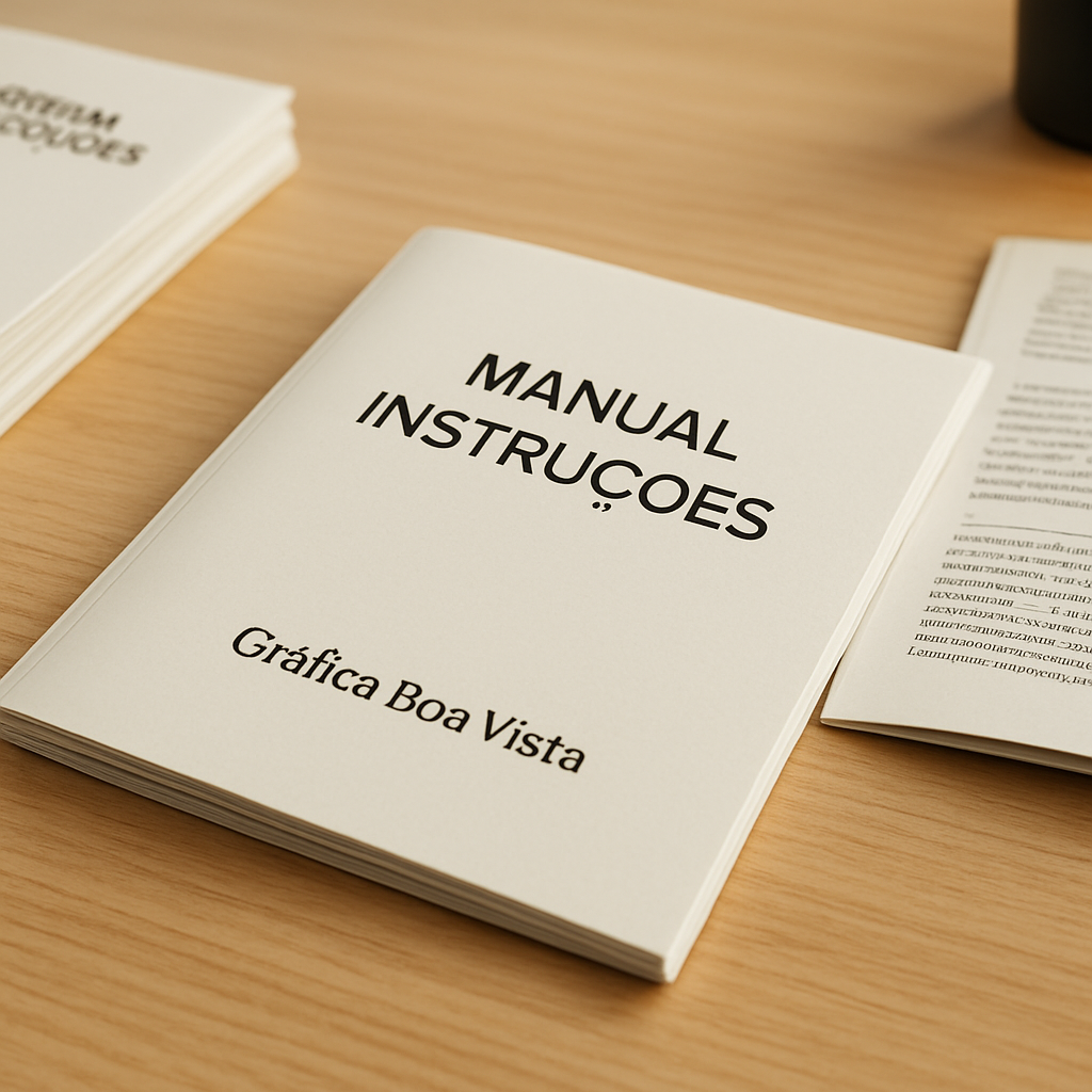 Manual de instruções impresso sobre uma mesa em gráfica profissional em Curitiba
