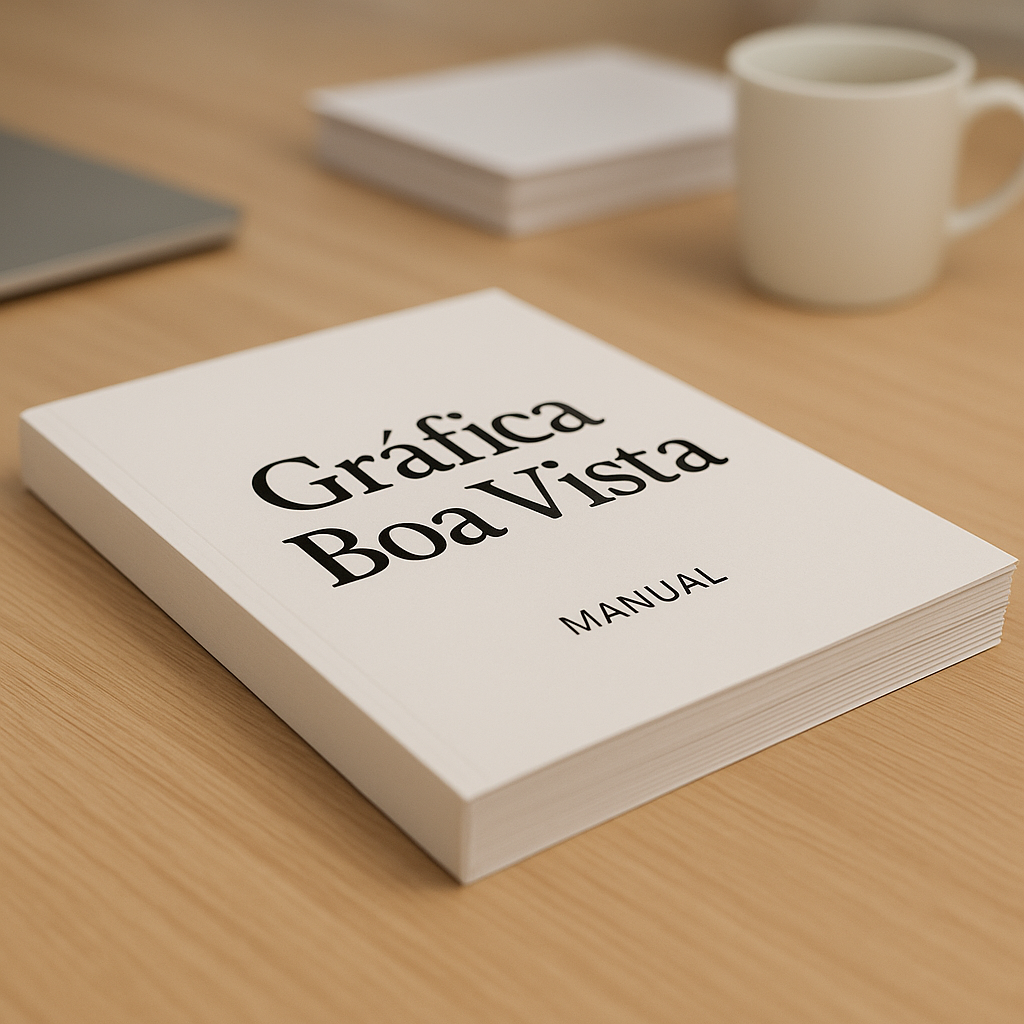 Manual impresso aberto sobre uma mesa em gráfica de Curitiba