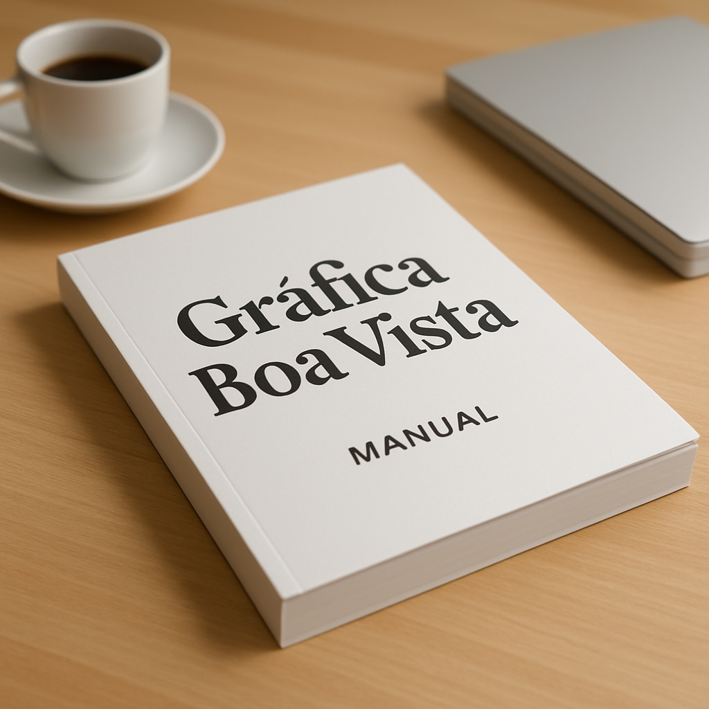 Manual impresso aberto sobre uma mesa em gráfica de Curitiba