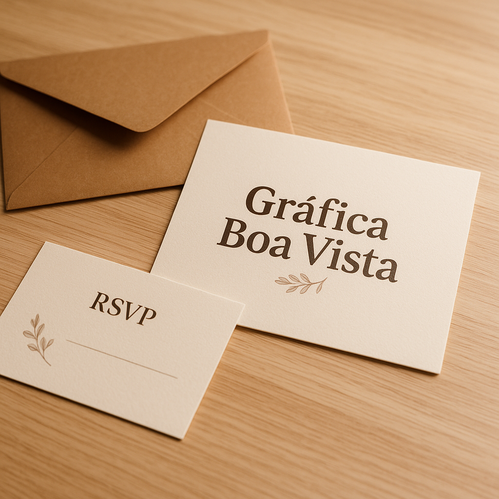 Convite de casamento elegante sobre mesa clara com envelope e detalhes delicados