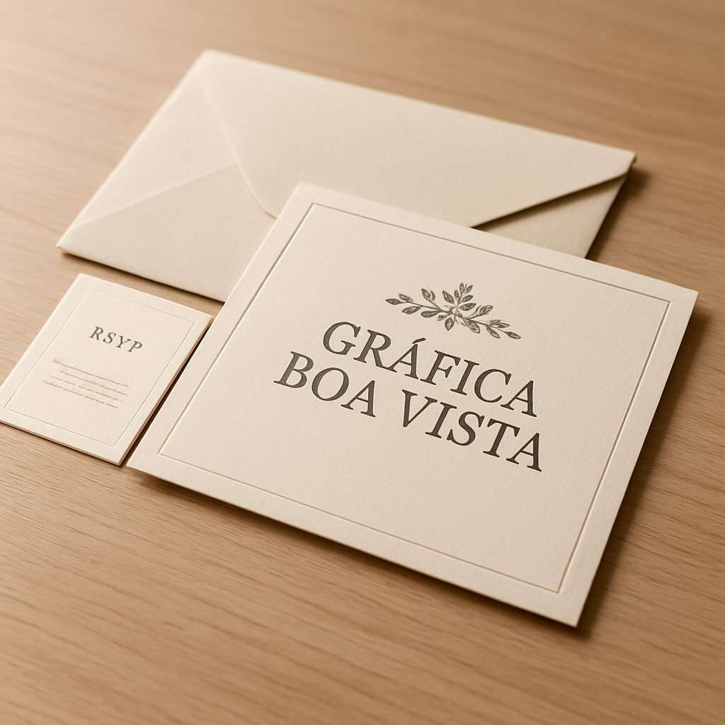 Convite de casamento elegante sobre mesa clara com envelope e detalhes delicados