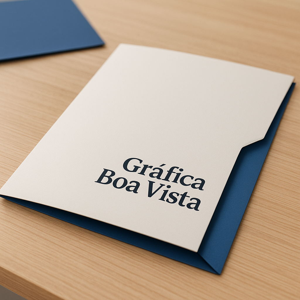 Folder com dobras para clínica sobre mesa de recepção em ambiente profissional